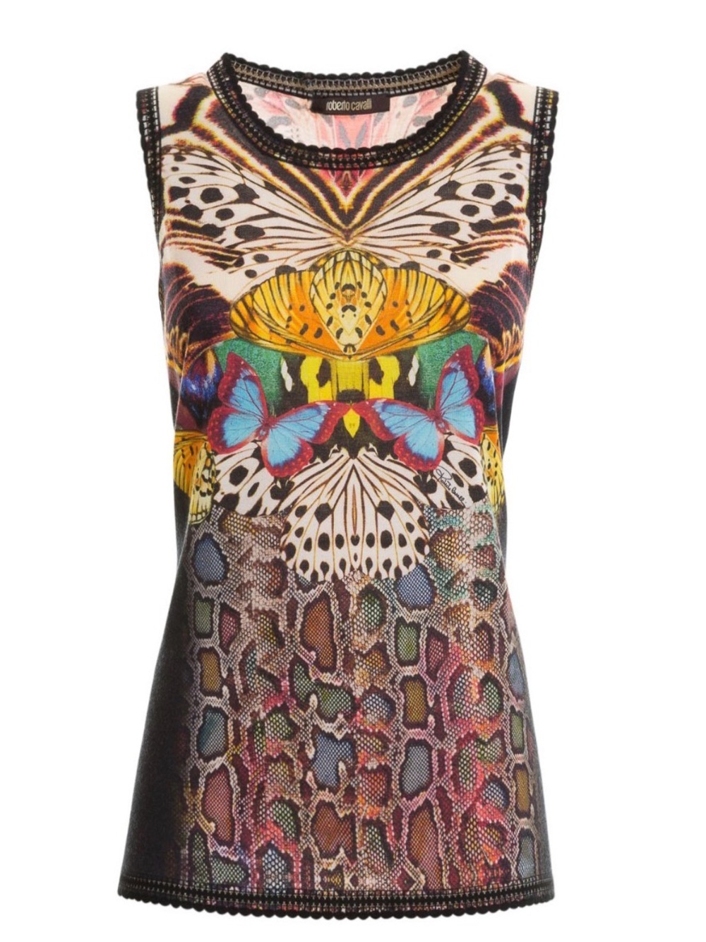 Roberto Cavalli BUTTERFLY PRINT LACE EDGE KNITTED TANK TOP